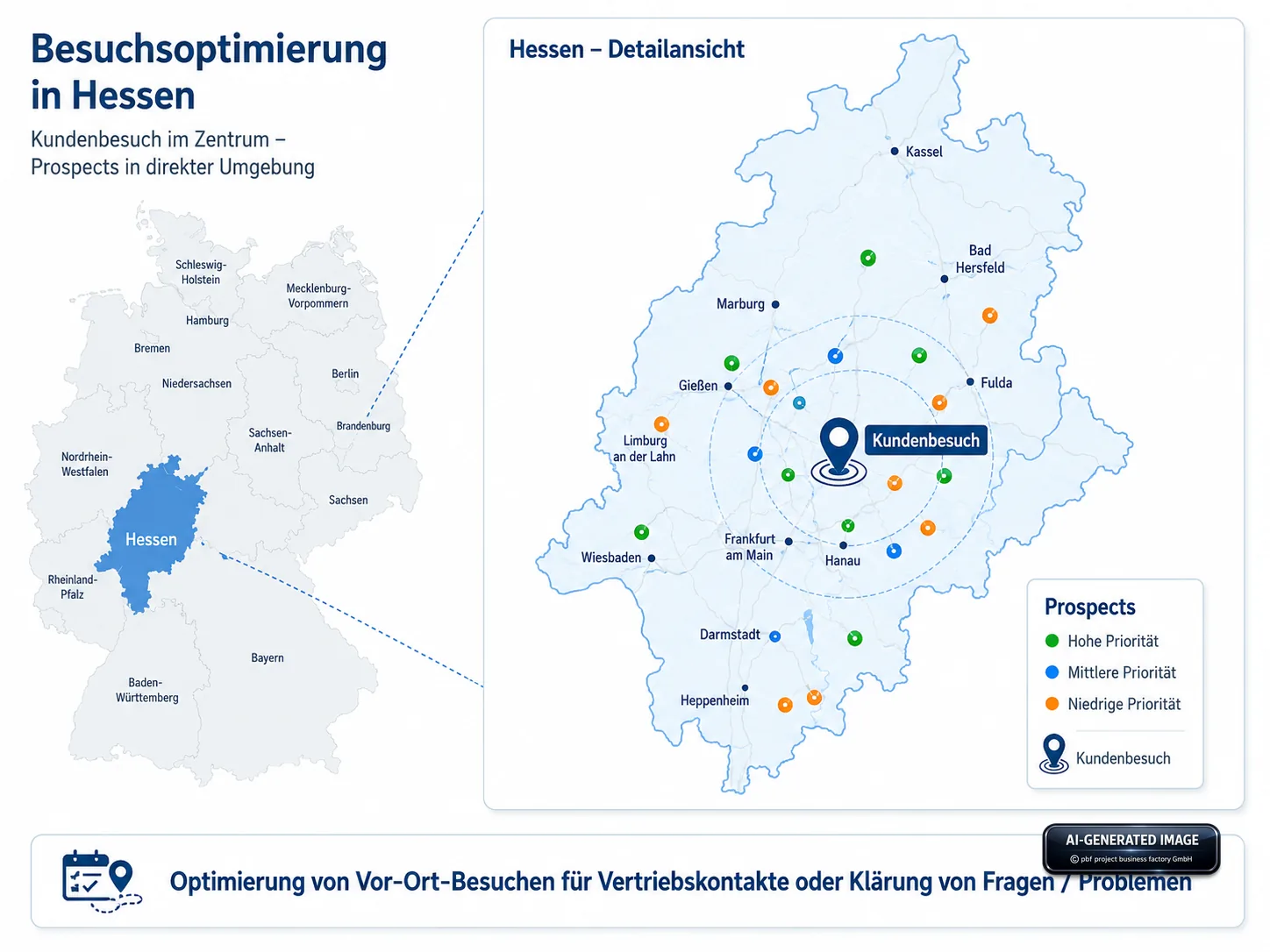 Map of Hesse with a customer visit at the center and color-coded prospects nearby